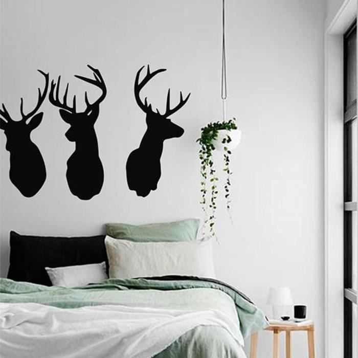 Cikonielf Sticker mural cerfs Amovible Trois Têtes De Cerf Stickers Muraux Decal Salon Décor Art (Noir)
