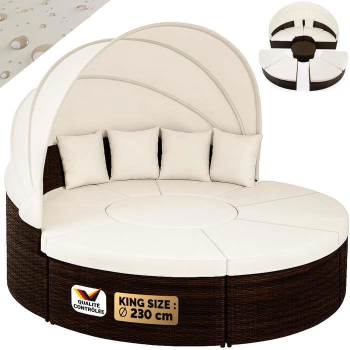 Deuba - Canapé • ensemble ovale en polyrotin brun/noir avec coussins • 230 cm avec pare-soleil - Bain de soleil, lounge