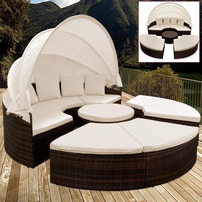 Deuba | Canapé • ensemble ovale en polyrotin brun/noir avec coussins • 230 cm avec pare-soleil | Bain de soleil, lounge