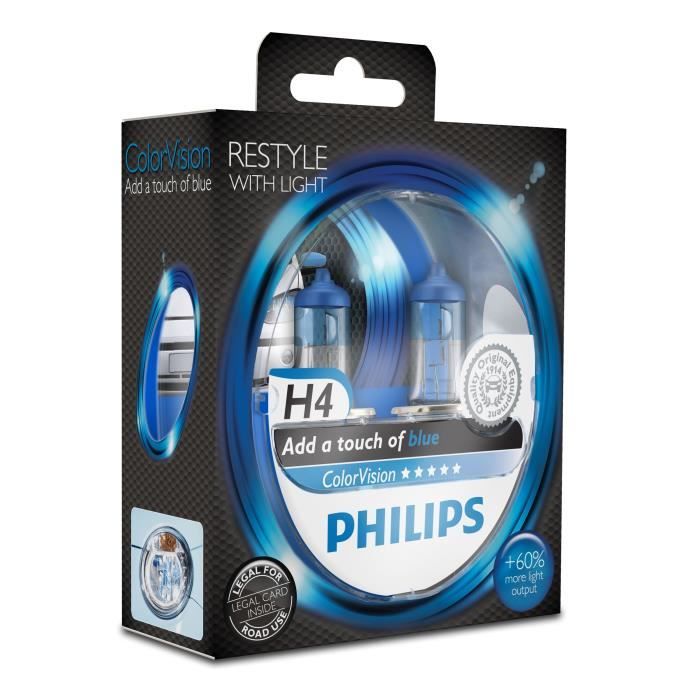 Philips ColorVision Lampe automobile, bleu 12342CVPBS2, H4, 55 W, Feux anti-brouillard, Feux de route, Éclairage intérieur