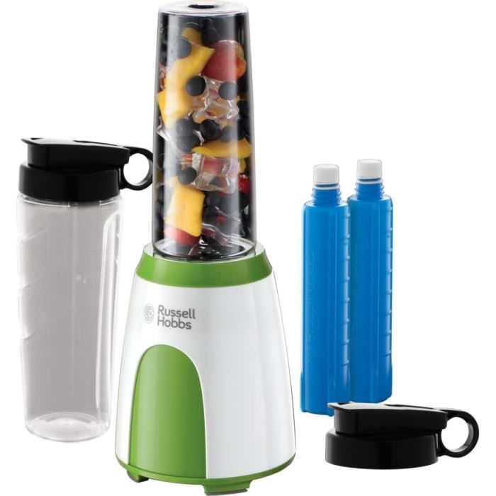 RUSSELL HOBBS 25160-56 Mixeur Blender Nomade 300W Mix & Go, 2 Bouteilles 600ml, 2 Couvercles Transport, 2 Tubes Rafraîchissants
