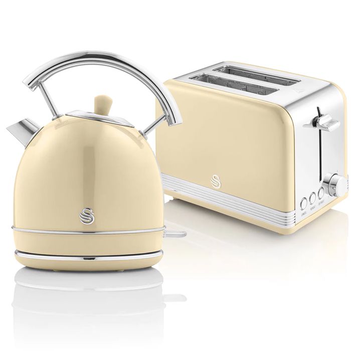 Retro Set Petit-Déjeuner Bouilloire 1,8L Sans fil, Grille-Pain 2 Larges Tranches SWAN STP7050CNEU Crème 57942