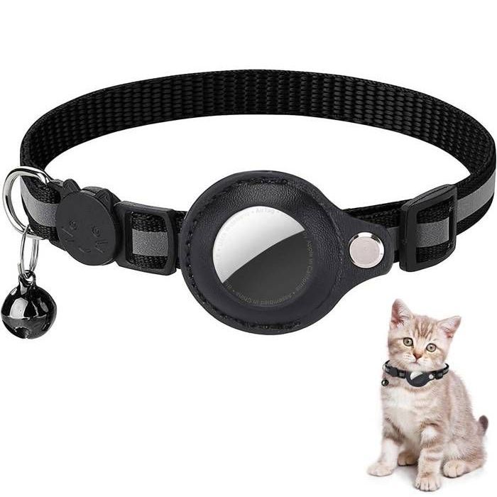 Collier Chat Airtag,Réfléchissant Collier Chat avec Cloche et Support AirTag,Collier GPS AirTag Anti-Perte pour Chats - Noir