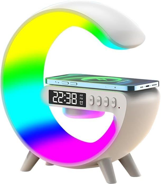 Lampe D'Ambiance Fiorky En Forme De G Avec Réveil LED, Chargeur Sans Fil Et Haut-Parleur Bluetooth
