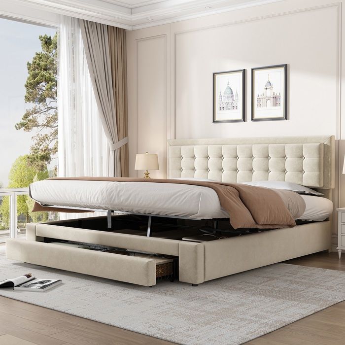 Lit avec tiroirs lit double180 x 200 cm tissu velours Beige