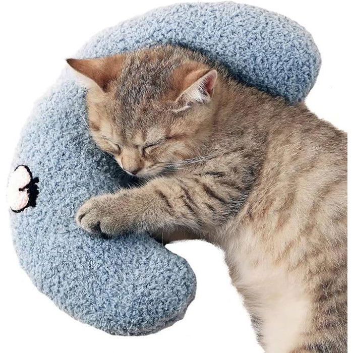Petit oreiller pour chats jouet apaisant ultra doux et moelleux pour animaux de compagnie demi-beignet  - Bleu brume