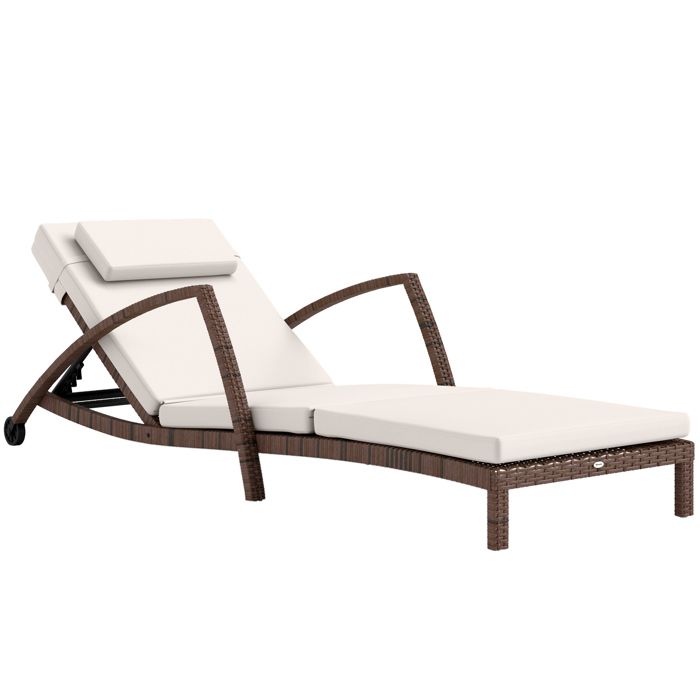 Bain de soleil chaise longue en résine tressée - Outsunny - dossier réglable roulettes coussin et accoudoirs - marron et beige