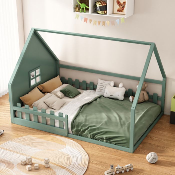 Lit enfant 140x200 cm lit plat lit cabane (sans matelas) avec barrières de sécurité pin vert