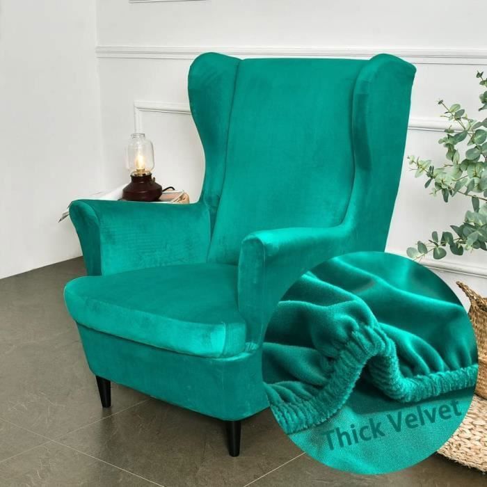 Velours Housse de Fauteuil à Oreilles Extensible 2-Pièces Couverture de Fauteuil avec Housse de Coussin en T Vert Jade