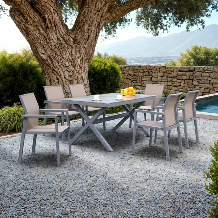 Ensemble table et chaises de jardin WINDY pour 6 personnes coloris gris chaises empilables résistantes Ensemble table et chaises de jardin WINDY pour 6 personnes coloris gris chaises empilables résistantes