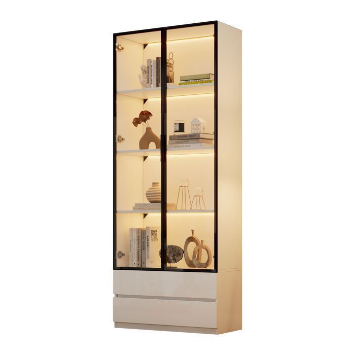 Vitrine à 2 tiroirs armoire haute avec éclairage LED étagères de rangement bibliothèque structure en aluminium 80 x 34 x 200