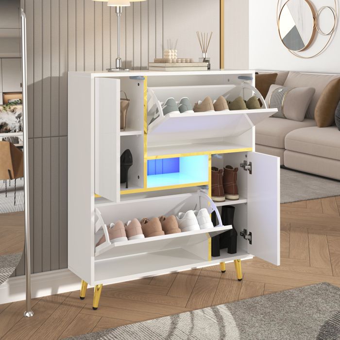 Meuble à chaussures moderne 80x25x96cm - Avec LED - Aspect brillant - Blanc
