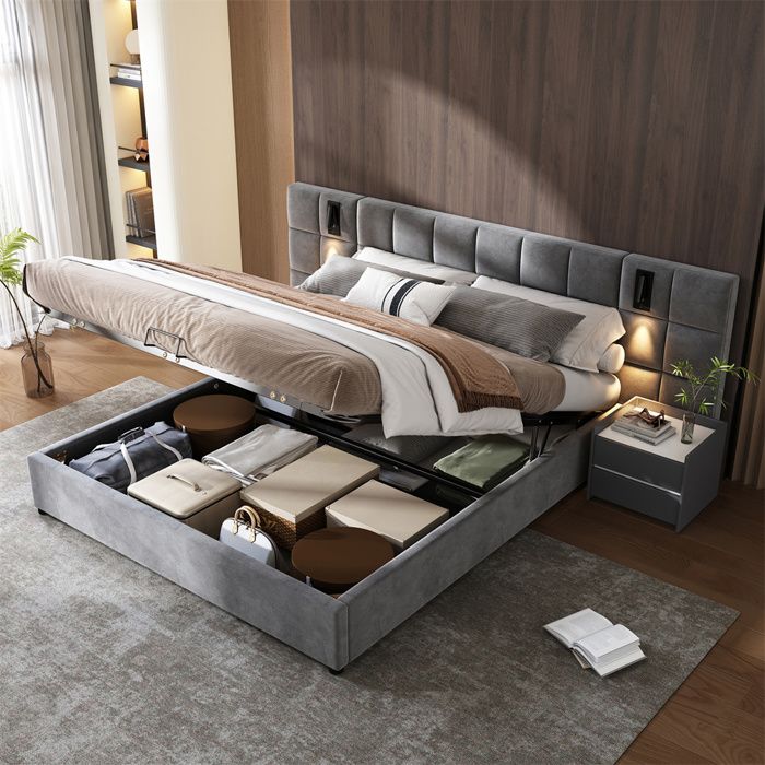 Lit coffre rembourré 160x200 cm velours gris avec lampe et port USB tête de lit motif damier