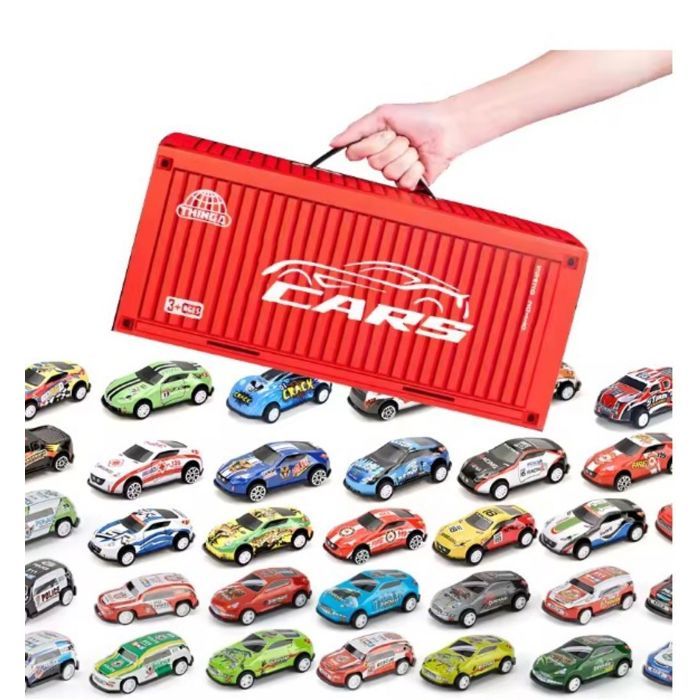 Lot 48 Mini Voitures à Traction – Circuit De Course 2 En 1 – Sans Piles – Boîte De Rangement – Dès 3 Ans