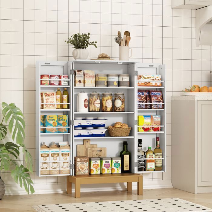 Buffet de cuisine - HOLTICO - Armoire de rangement multi rangements style moderne chic - Blanc et pieds dorés - 59 x 30 x 1144 cm