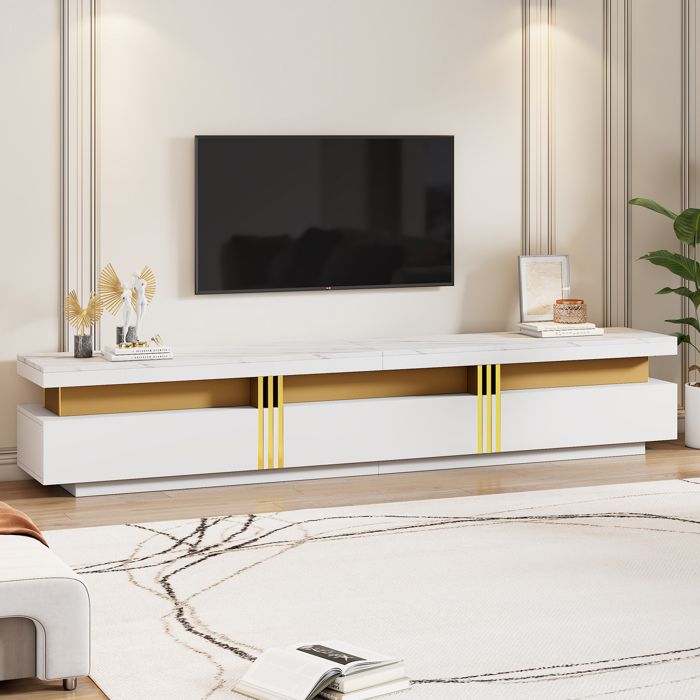 Meuble TV 200cm Moderne - Pour TV jusquà 90 - 3 Tiroirs de Rangement - Gestion des Câbles - Design Luxe - Effet Marbre Blanc et Or
