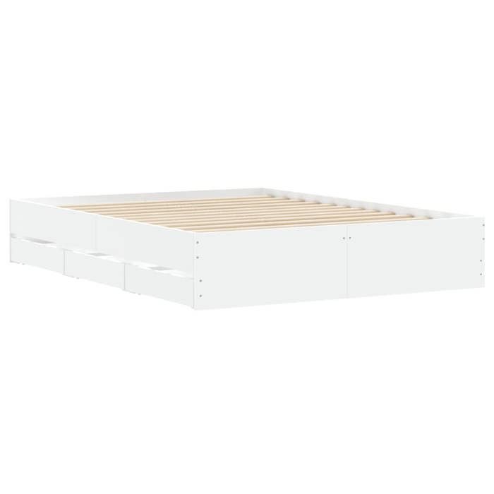 Lit double avec tiroirs - KALISSE - 140x200 cm - Blanc - Bois dingénierie - 6 tiroirs - Sommier inclus