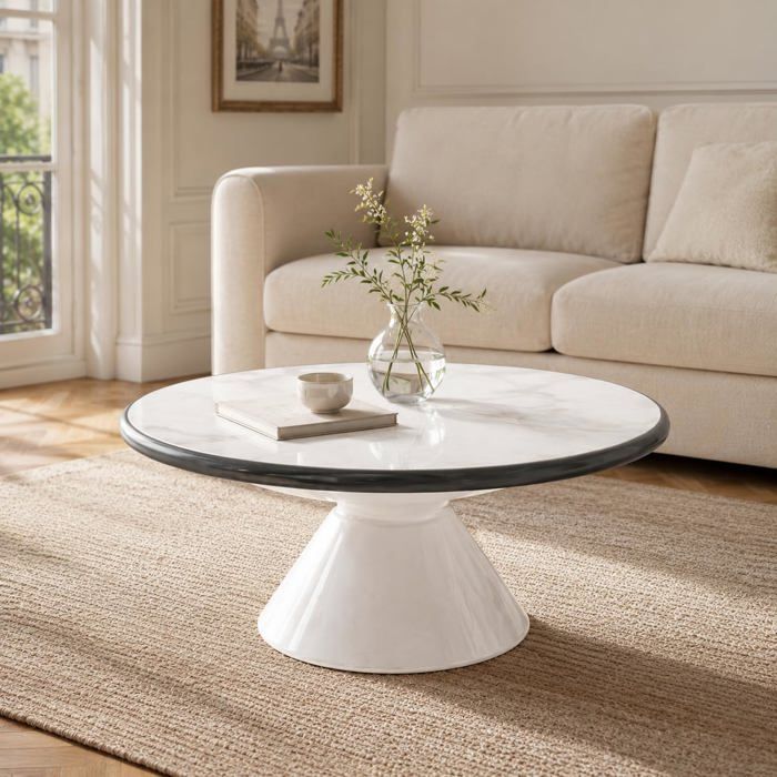 Table Basse Ronde 71 cm en Verre Trempé Effet Pierre Table Salon Moderne Petite Table Design Stable pour Décoration