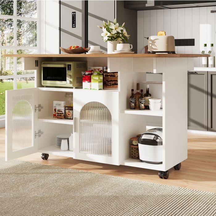 Modenuit Desserte de Cuisine 120x30-70x795 cm - Plateau Rabattable - Rangements - Blanc et Naturel