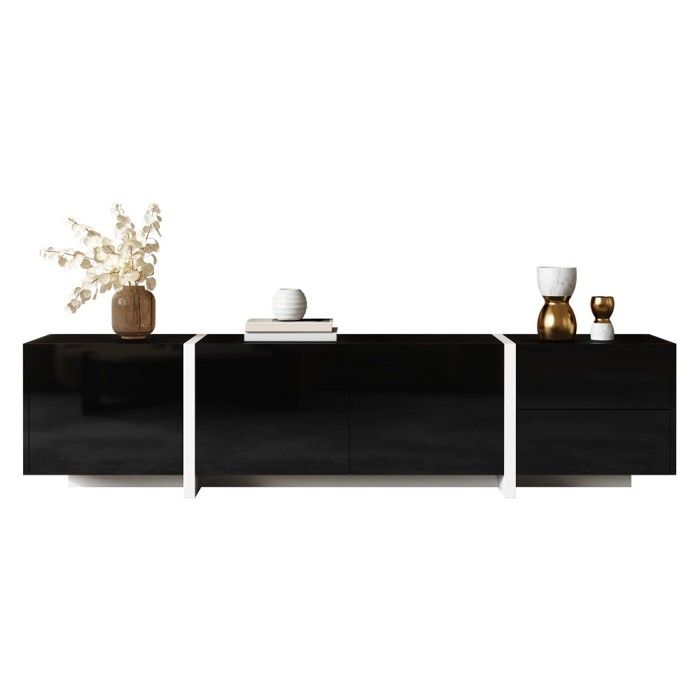 Meuble TV Noir Brillant avec Pieds Blancs - Buffet Bas Moderne Portes et Tiroirs Rangement Salon Élégant Fonctionnel Meuble TV Noir Brillant avec Pieds Blancs - Buffet Bas Moderne Portes et Tiroirs Rangement Salon Élégant Fonctionnel