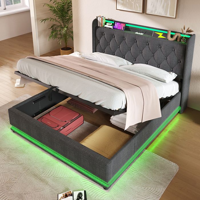 Lit coffre capitonné 160x200 cm en lin - avec Ports USB Type-C - éclairage LED - Coffre de rangement - Sommier à lattes - Gris