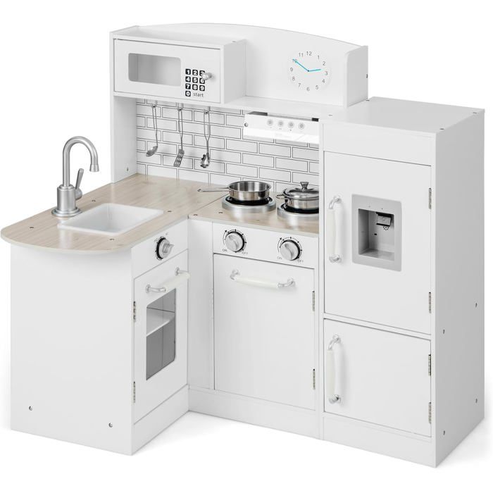 GIANTEX Cuisine Enfant en Bois avec Réfrigérateur Séparé Distributeur deau Évier Four à Micro-Ondes Hotte de Cuisinière