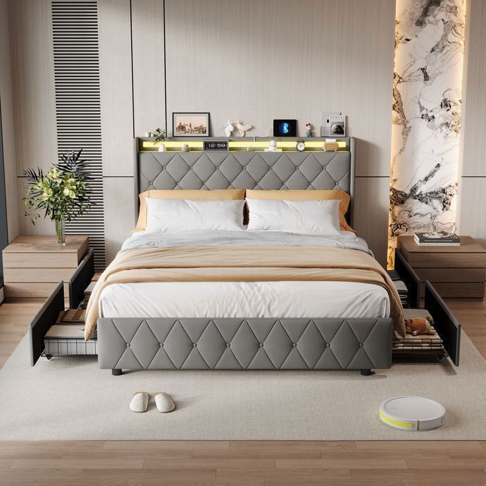 Lit Avec 4 Tiroirs Double 140x200cm Rangement Velours Gris LED RGB USB Type-C Deux Places Design Moderne Adulte Moderne
