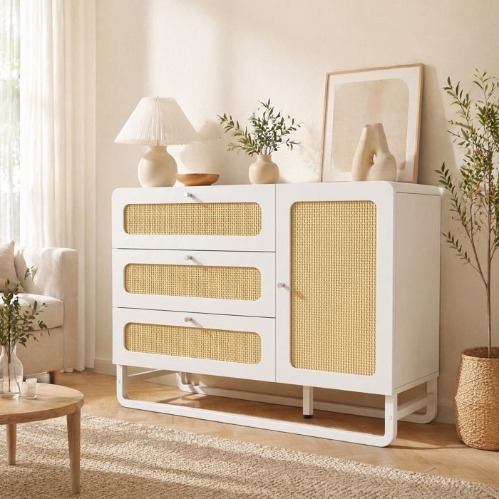 Buffet de cuisine 1 porte 3 tiroirs meuble de rangement dentrée de salon rotin tressé 120x85x40 cm MDF blanc