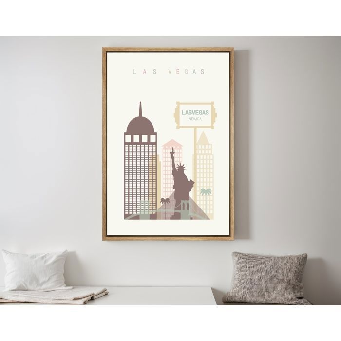 Tableau Las Vegas Nevada–Illustration Skyline Minimaliste Vintage–Impression sur Toile Murale 41x61 cm avec Cadre Flottant