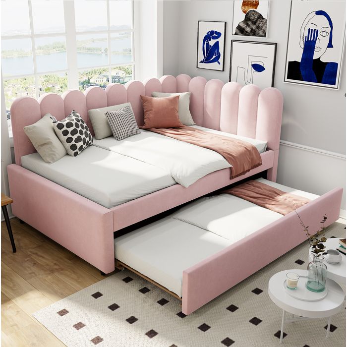 Lit banquette enfant 140x200/90×190cm avec lit gigogne. sommier à lattes rembourré. sans matelas. velours. rose