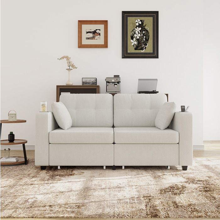 Canapé 2 places beige L 172 x P 75 x H 82 cm avec USB rangements intégrés style scandinave