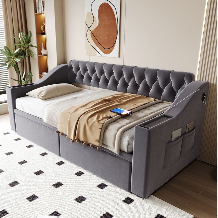 Lit enfant 90 × 190 cm en velours gris avec USB rangements et 2 tiroirs