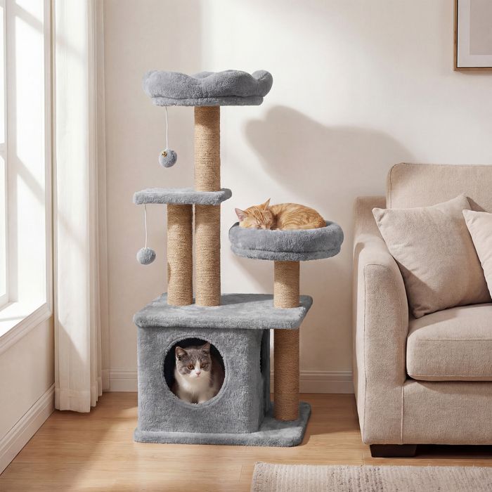 Comparer les prix de Arbre à Chat Multi-Niveaux 96 CM COSTWAY Perchoir en Forme de Fleur Condo Lit Poteaux à Griffer 2 Balles Suspendues Gris