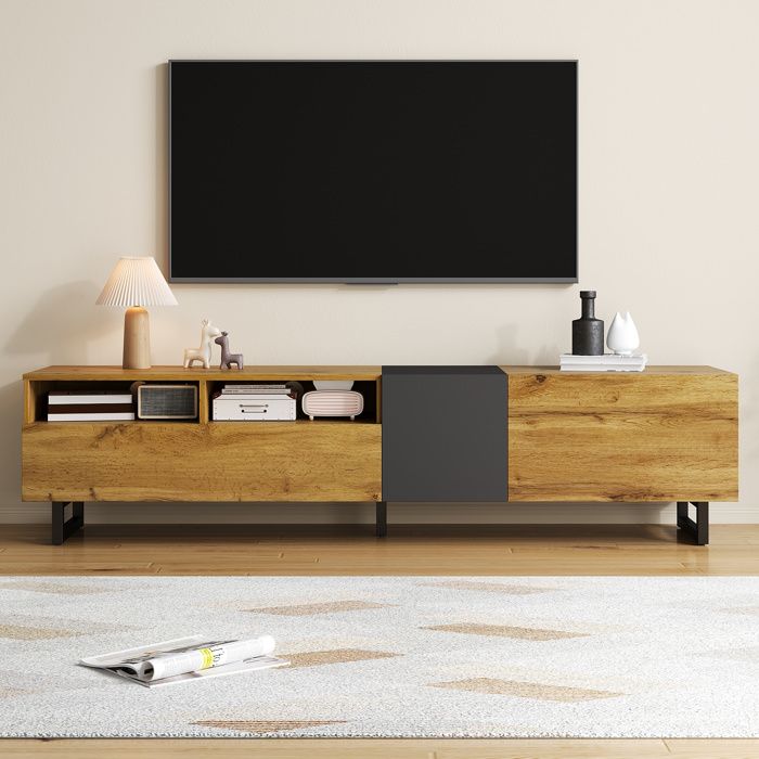 Meuble TV - KOMHTOM - 170x36 5x42 cm - 3 portes & 2 niches - pieds métal en U - Pour TV 60-75 pouces