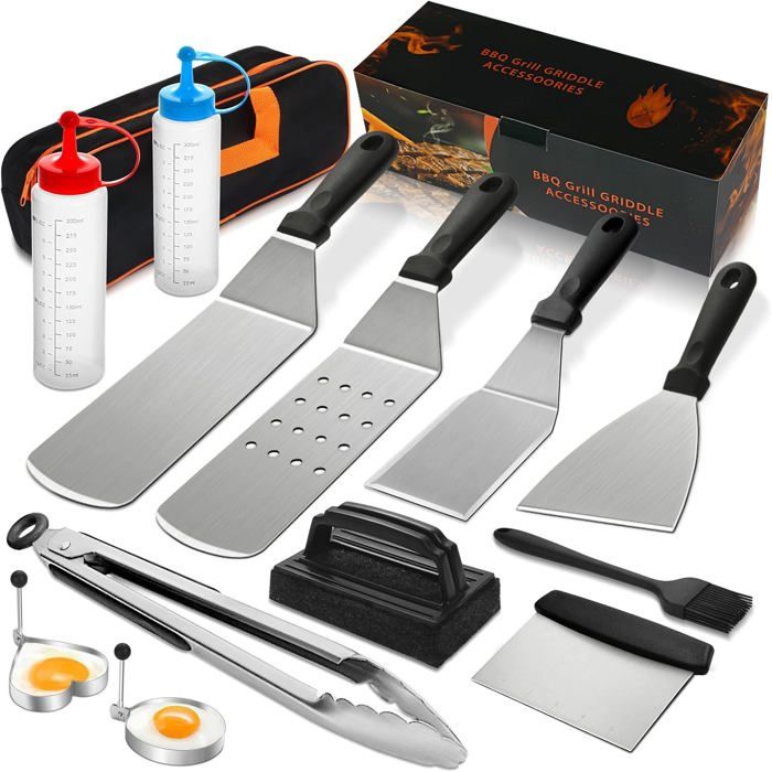 Set Accessoires Plancha 14PCS pour BBQ Extérieur Spatules Racloir Outils Gril Durable