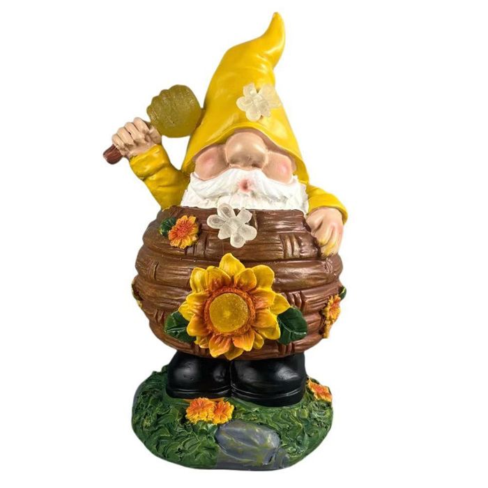Ornements Conception rétro Lampe solaire Gnome en pot de miel Matériau en résine ambiance festive Idéal comme cadeau marron