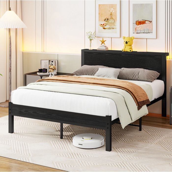 ULEVR cadre de lit 140 x 200 cm en metal et MDF sommier a lattes avec tete et pied de lit rangement 27 cm noir
