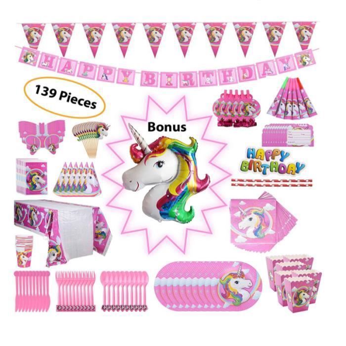 Lot de service de table pour décorations anniversaire à thème licorne/  - Aueq -  pack fournitures vaisselle 139 pièces