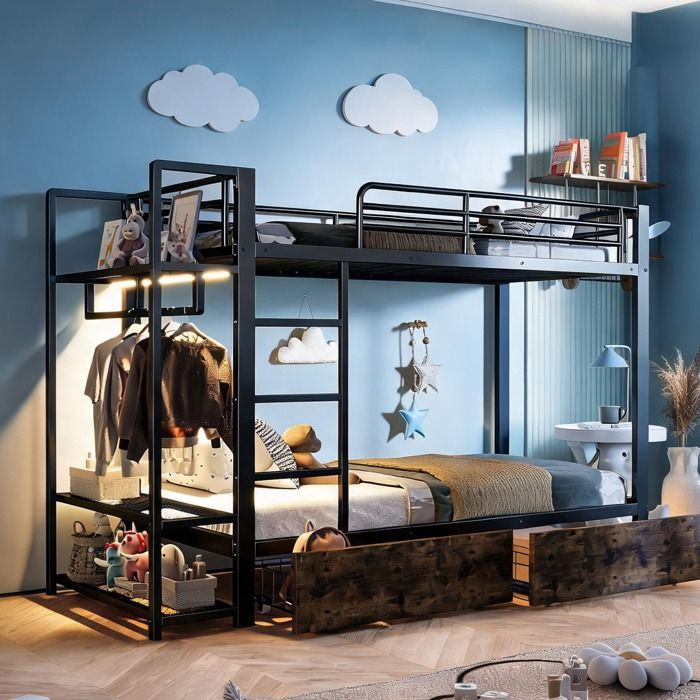Lit superposé enfant avec rangements et bandeau LED métal noir 90x200 cm