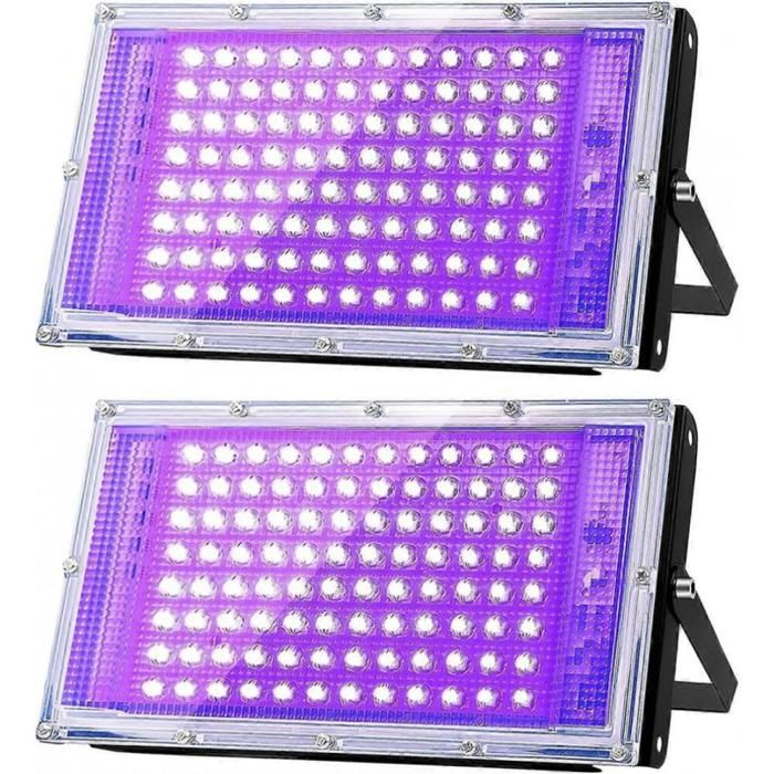 Lot de 4 lampes UV LED 100 W pour soirées fluo étanches IP65 avec prise et interrupteur.
