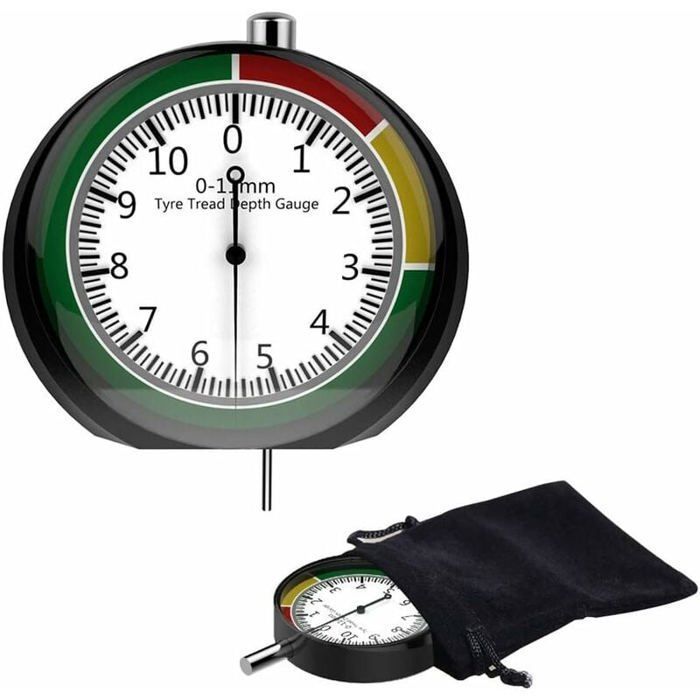 Jauge de profondeur de pneu 0-11 mm - Sacoche incluse - Acier inoxydable - Cadran 44 mm - Lecture facile mununo
