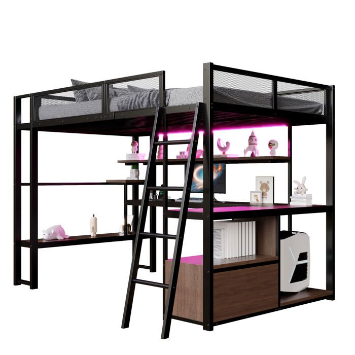 Lit surélevé gaming métal 140x200 avec bureau bandes LED et nombreux rangements coloris noir