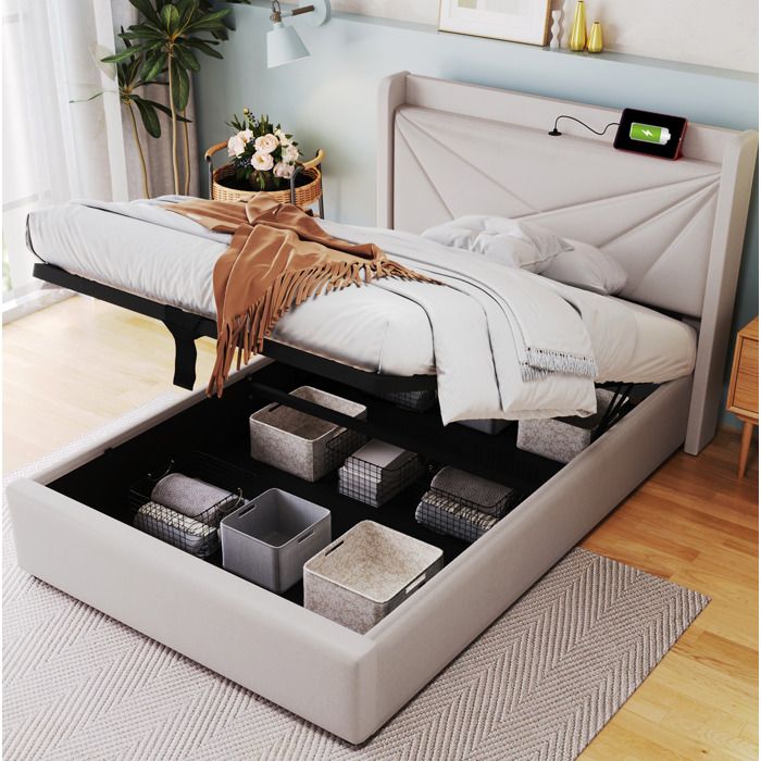 WOVREO Lit simple 90x200 cm avec coffre USB et Type-C tête de lit rembourrée géométrique beige