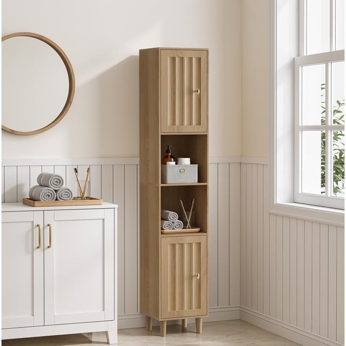 Colonne de salle de bain 32 x 30 x 169 cm 2 portes 2 niches ouvertes aspect chêne MDF pieds en pin naturel