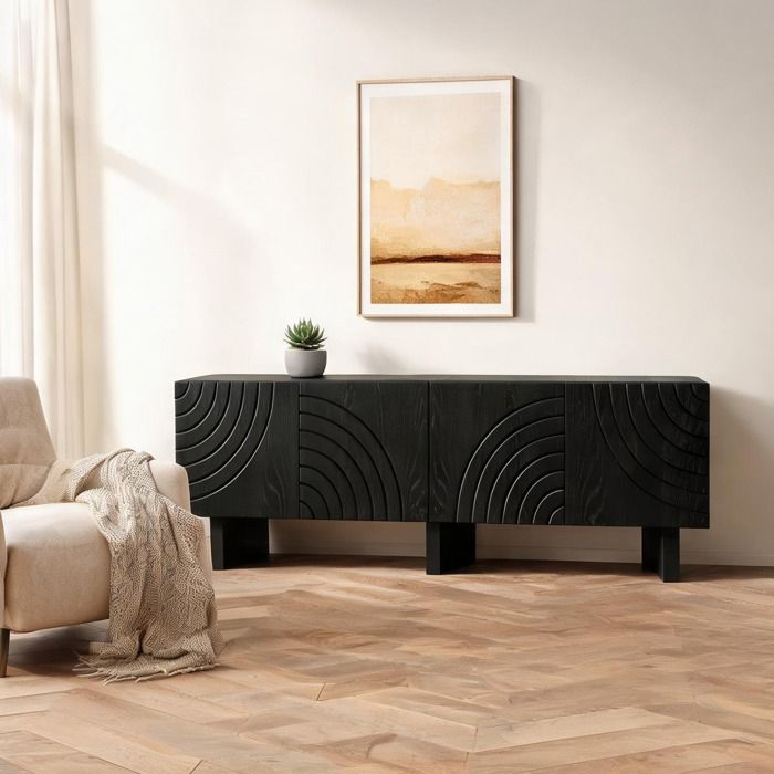 Meuble TV bas avec rangement fermé 180 cm noir classique panneau de particules 4 portes structurées surface pour écran jusquà