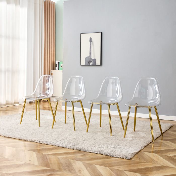 WOVREO Lot de 4 chaises de salle à manger transparentes 83 cm pieds en métal doré assise en plastique
