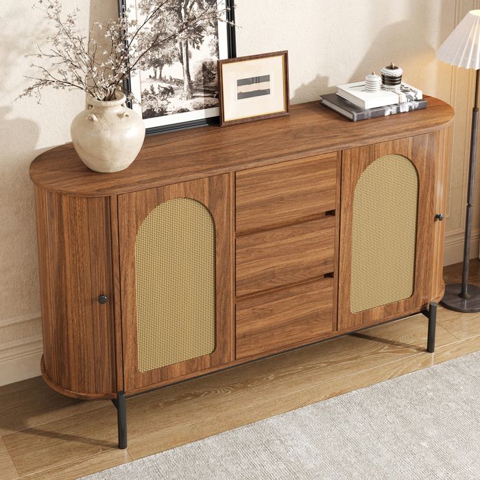 Buffet Bas Ovale Cannage 2 Portes 3 Tiroirs Étagères Réglables - TCQPZ - en MDF Noyer 140 × 38 × 775 cm