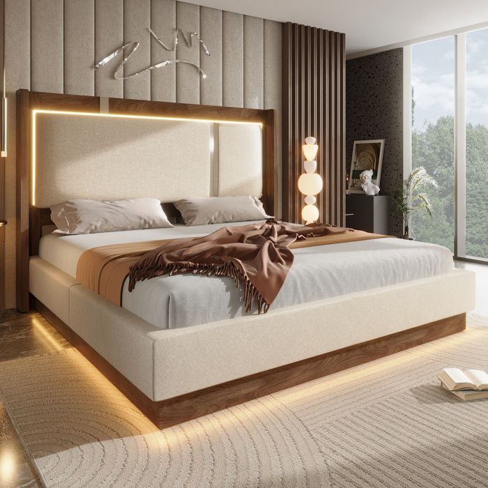 Lit coffre 140x200 avec LED -URTR coffre de lit hydraulique tête de lit tissu lin beige et finition noyer sans matelas