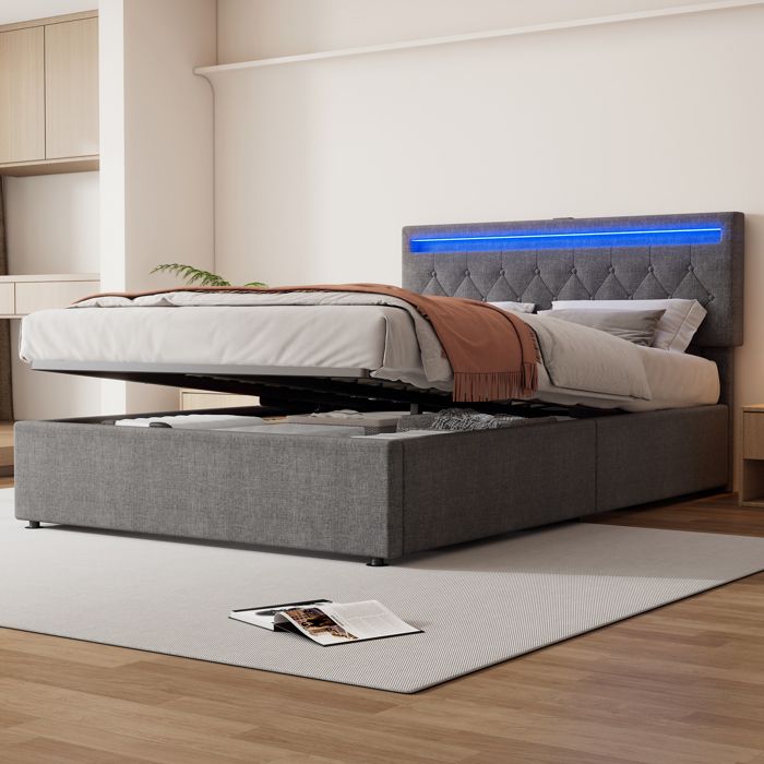 Lit 140x200 en lin gris : LED connectée hydraulique USB-C et sommier à lattes fourni