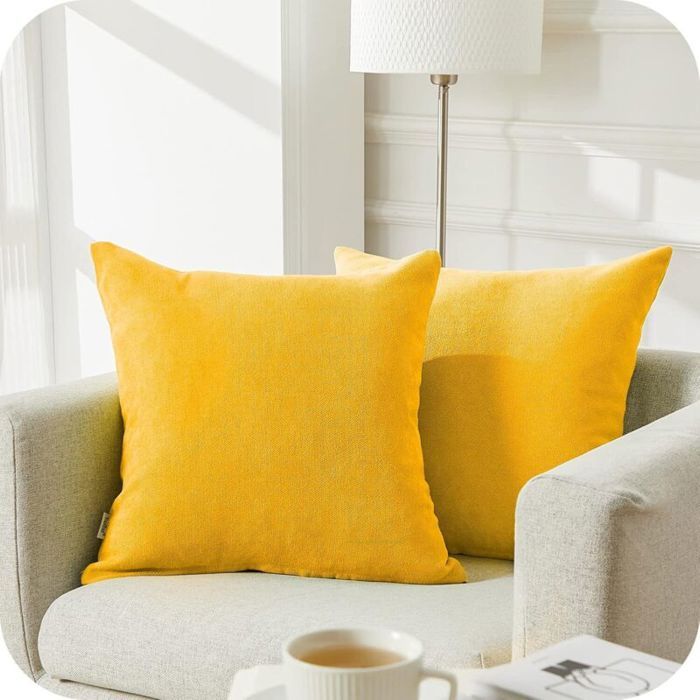 2pcs Housse de coussin carré - Matière chenille douce Double face motif uni - Canapé et fauteuil salon - Jaune moutarde 40x40 cm